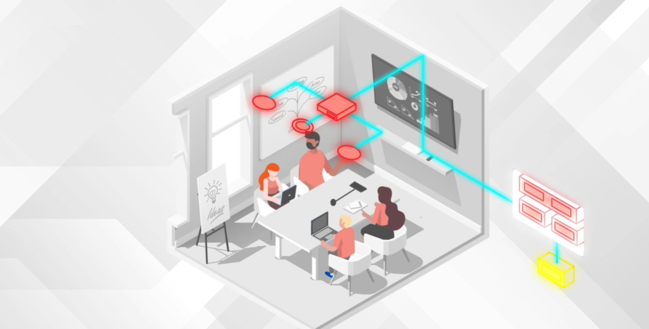 Illustration of modern meeting room using Biamp AV system with microphones, display and networked collaboration devices