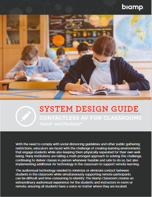 Biamp system design guide for contactless AV in classrooms featuring masked students learning safely