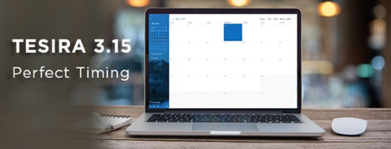 Tesira 3.15 Perfect Timing promotional image with calendar displayed on laptop screen on wooden desk