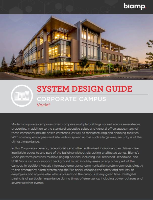 Biamp Vocia system design guide cover for corporate campus paging and emergency communication solutions