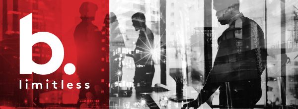 A banner with the b. limitless logo and a black and white image of people working, overlaid with a city scene.