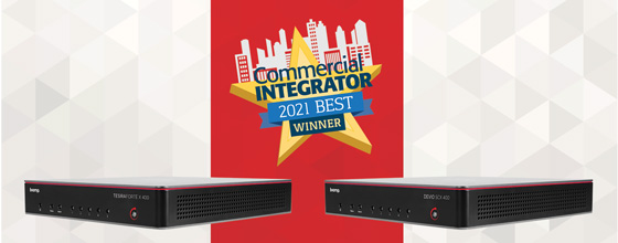Commercial Integrator 2021 Best Winner graphic flanked by two Biamp Devio conferencing devices.