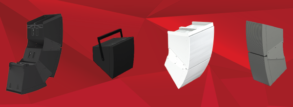 Four different Biamp loudspeakers in black, white, and gray displayed against a red geometric background.