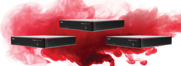 Three Biamp TesiraFORTE X audio processors displayed against a background of swirling red smoke.