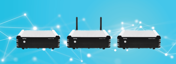 Three Biamp hardware units with finned silver tops displayed against a blue, network‑themed background.