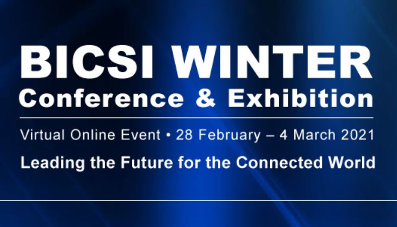 BICSI Winter Conference & Exhibition banner. A virtual event from Feb 28-Mar 4, 2021, leading the future for the connected world.
