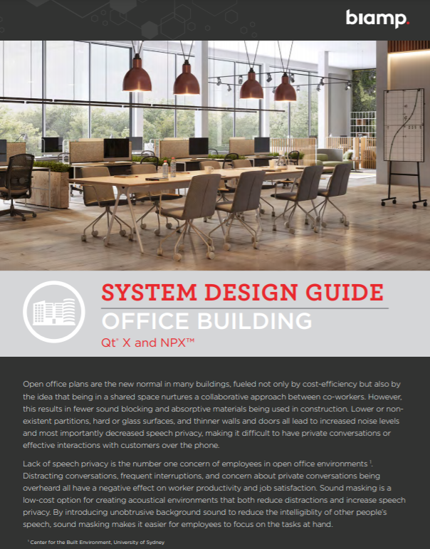 Cover of Biamp’s 'System Design Guide: Office Building – Qt X and NPX,' featuring a modern open-plan office photo.
