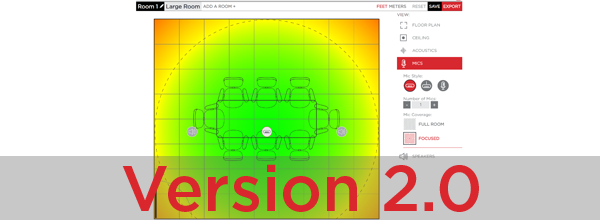 A screenshot of a conference room designer tool with a heat map showing mic coverage. The text 'Version 2.0' is overlaid.