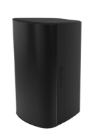 Black Biamp compact surface‑mount loudspeaker with curved grille and modern design