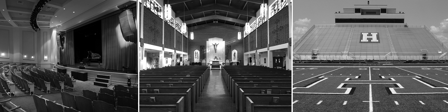 Black and white collage of auditorium, church sanctuary, and outdoor stadium seating with large H on the field