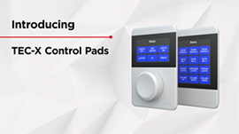 Banner showing Biamp TEC-X control pads with touchscreens and a knob, captioned 'Introducing TEC-X Control Pads.'