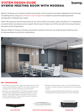 Flyer for Biamp’s 'System Design Guide: Hybrid Meeting Room with Modena' featuring a modern conference room.