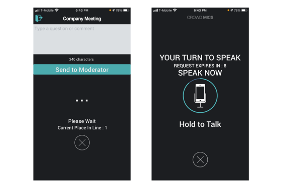 Two screenshots of the Crowd Mics mobile app, showing the screen for sending a question and the 