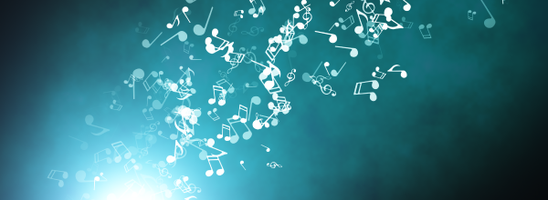 Abstract blue background with glowing white music notes swirling in the air.