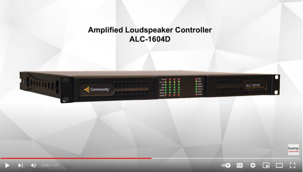 Community ALC‑1604D amplified loudspeaker controller rack unit with LED meters on gray background.