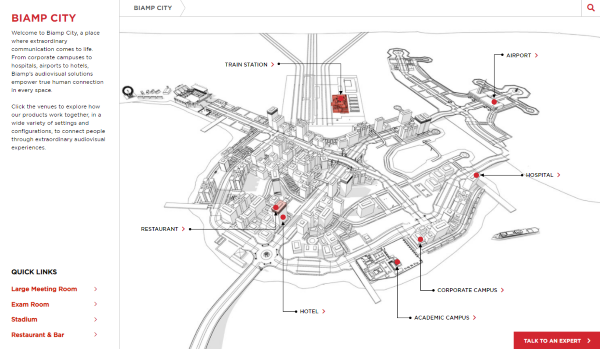 Biamp City interactive map showing audiovisual solutions across airport, hotel, campus, stadium and other venues
