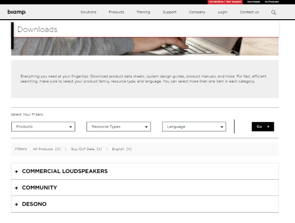 Biamp downloads page interface for filtering and accessing product manuals, data sheets and audio resources.