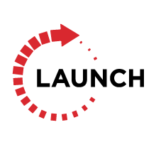 Red circular arrow made of squares, forming a clockwise arc that ends in a solid arrowhead.