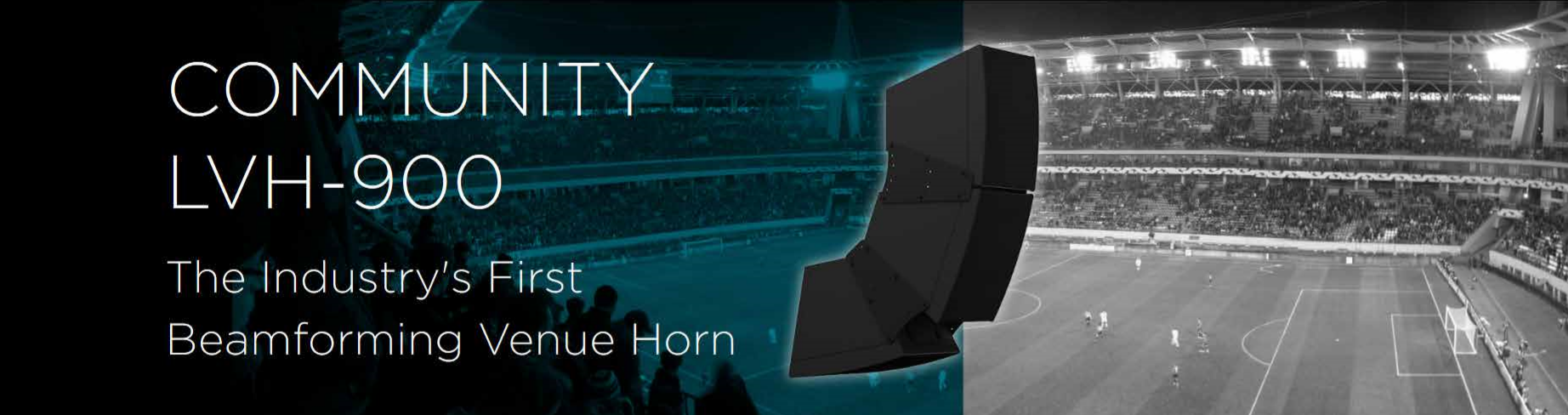 A promotional banner for the COMMUNITY LVH-900 Beamforming Venue Horn, with the speaker shown over a stadium photo.