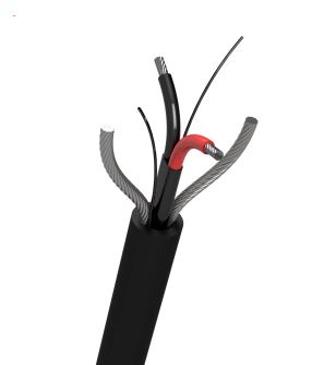 Close-up of a cut-open black cable showing multiple internal wires and braided shielding.