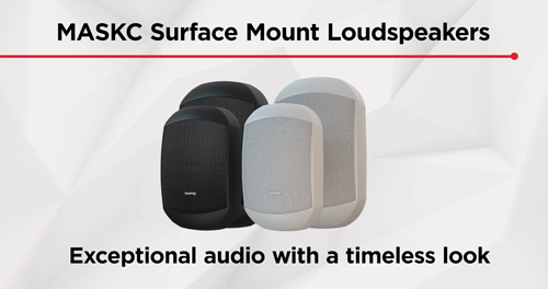 An ad for MASKC Surface Mount Loudspeakers showing two black and two white speakers. Text: 'Exceptional audio with a timeless look.'
