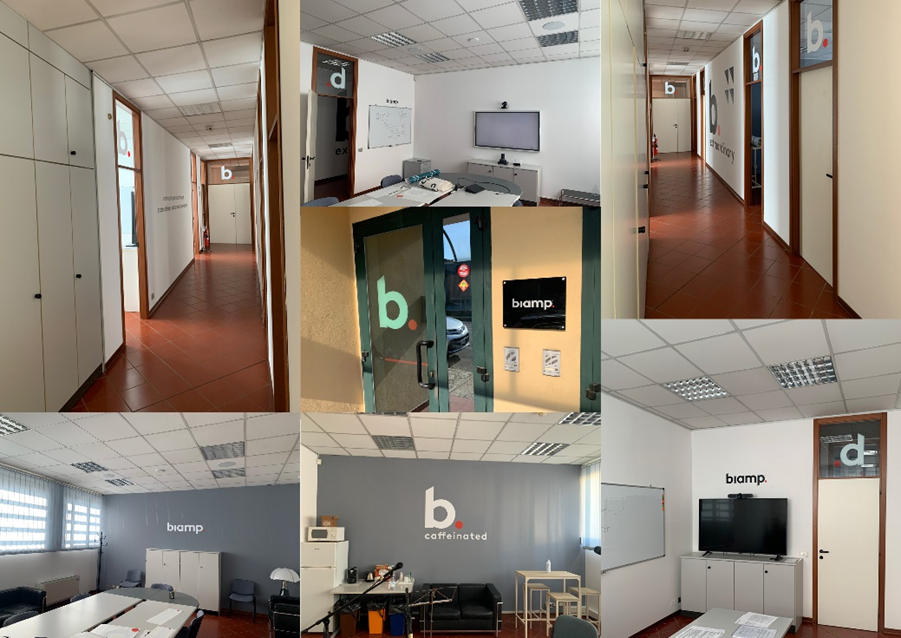 Collage of modern office interior photos showing Biamp-branded hallways, meeting rooms, and workspaces.