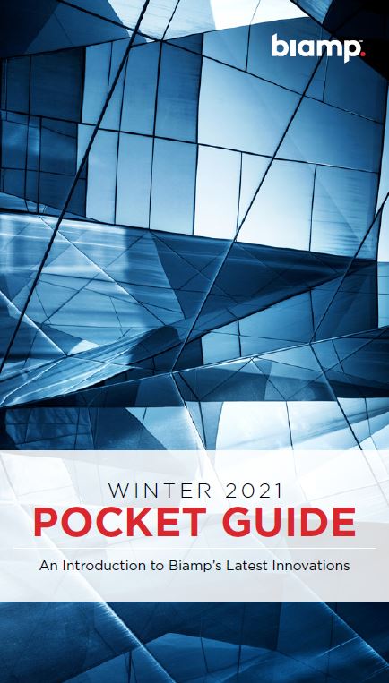 The cover of Biamp's Winter 2021 Pocket Guide, featuring a blue-toned abstract image of a modern glass building.