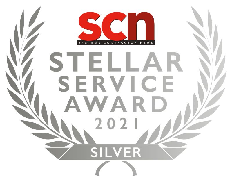 SCN Stellar Service Award 2021 Silver logo with laurel wreath and 'Systems Contractor News' text.