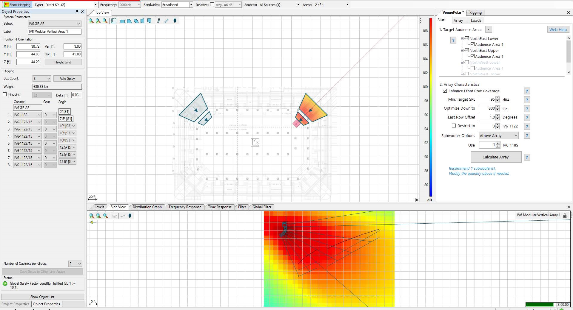 A screenshot of audio design software showing speaker placement on a floor plan and a corresponding sound coverage heat map.