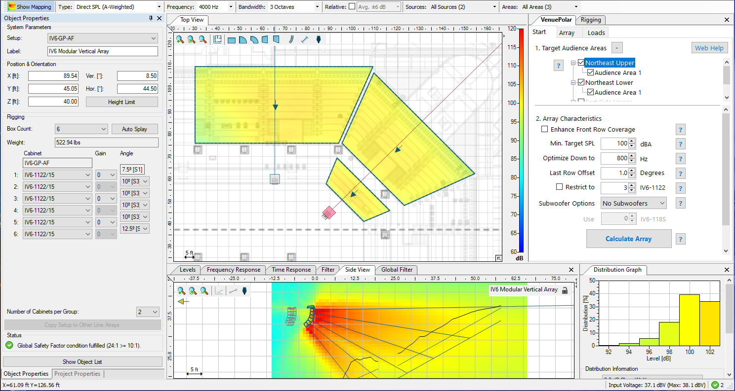 Screenshot of acoustic design software showing venue layout, SPL mapping, and array configuration parameters.