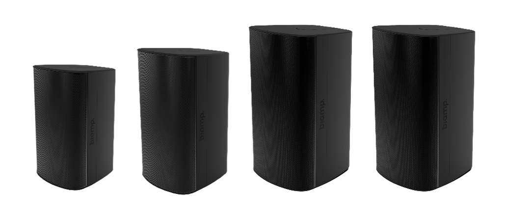 Biamp Desono EX series black surface‑mount loudspeakers in four sizes, delivering premium audio for indoor and outdoor commercial installations.