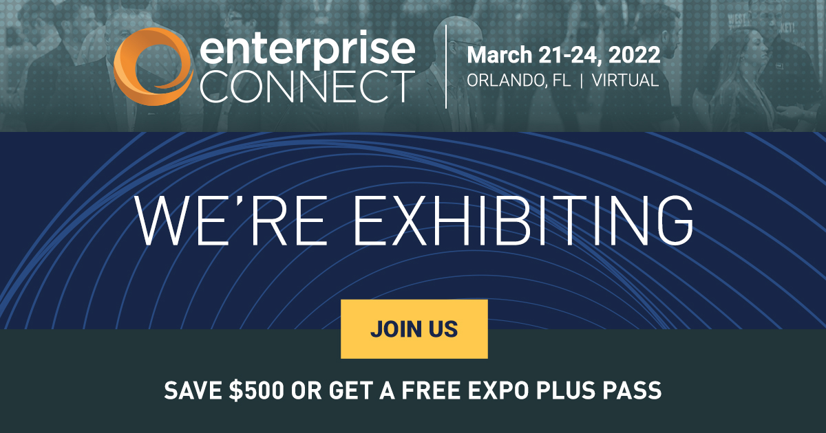 Enterprise Connect 2022 banner announcing Biamp exhibiting in Orlando and virtual, with “Join Us” call‑to‑action and expo pass savings.