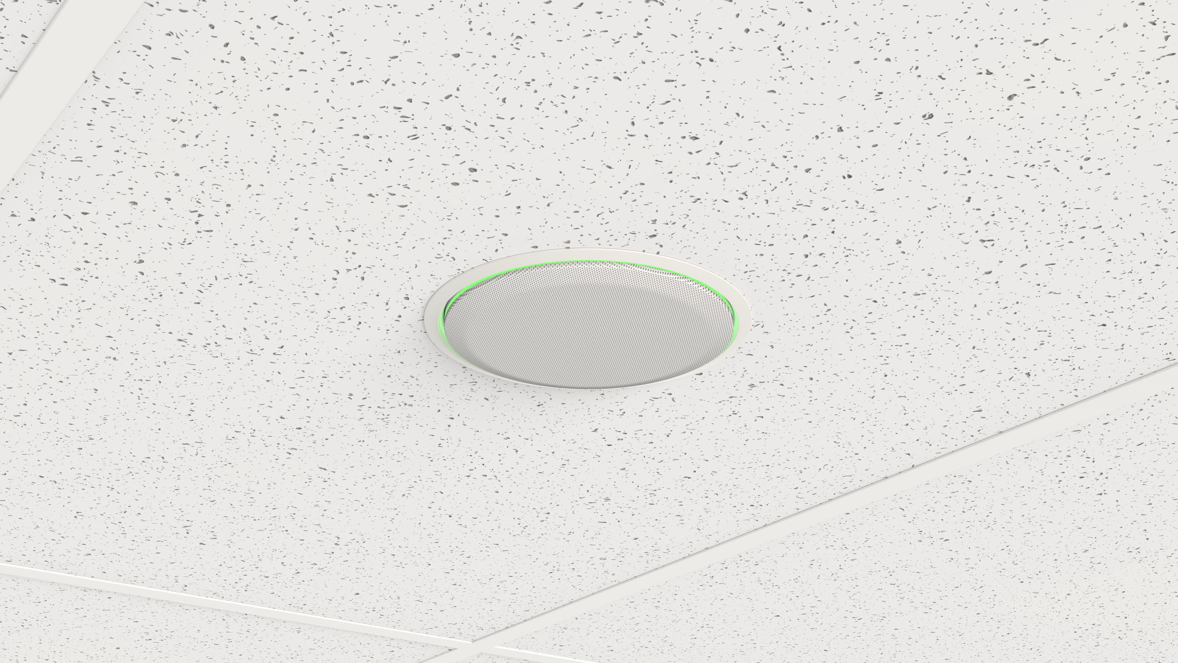 Biamp Parlé ceiling microphone with green status LED mounted in a drop ceiling, providing unobtrusive 360‑degree audio pickup for conferencing.