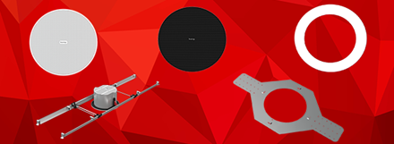 Biamp Desono in‑ceiling speaker accessories, including white and black grilles, tile bridge, and trim ring for flexible architectural audio installations.