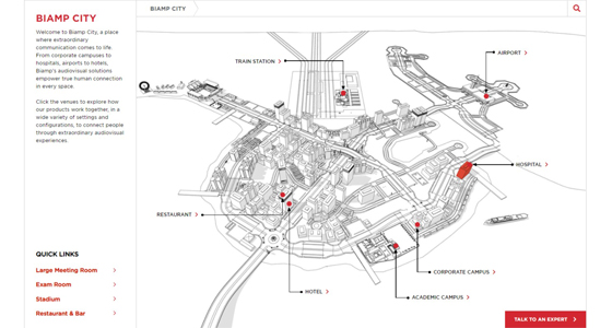 Biamp City interactive map interface highlighting venues like airport, train station, hospital, campus, and hotel where Biamp AV solutions connect people.