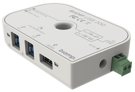 Biamp USB 200 BYOD hub, a compact USB switching and extension device that simplifies laptop connectivity in modern meeting rooms.