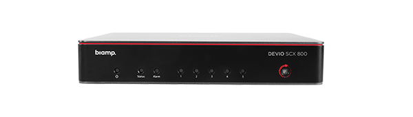 Biamp DEVIO SCX 800 audio conferencing device, black rectangular unit with multiple control knobs on front panel