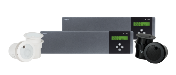 Biamp Cambridge QT X sound masking controllers with white and black emitters, delivering scalable acoustic privacy for open offices and workplaces.