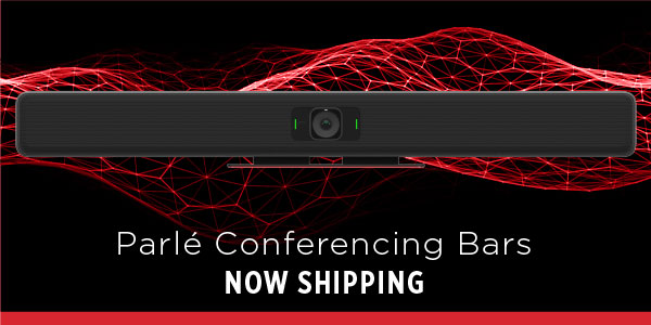 Parlé conferencing bars all‑in‑one video soundbar banner announcing Biamp’s advanced conference room solution is now shipping.