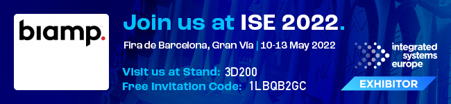 ISE 2022 invitation banner inviting attendees to visit Biamp at stand 3D200 in Barcelona’s Fira Gran Via, with free invitation code.