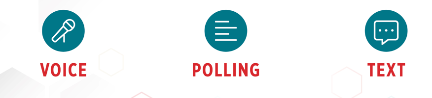 Icons highlighting Crowd Mics audience engagement features: Voice (microphone), Polling (survey lines), and Text (chat bubble) interaction.