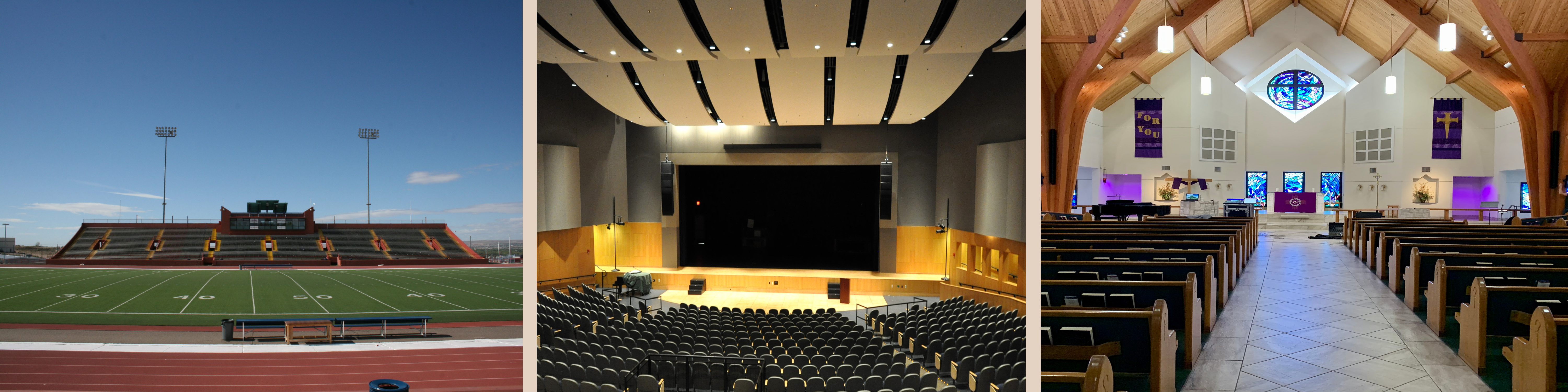 Outdoor stadium, performing arts auditorium, and modern church interior, showcasing Biamp loudspeaker solutions for sports, theater, and worship venues.