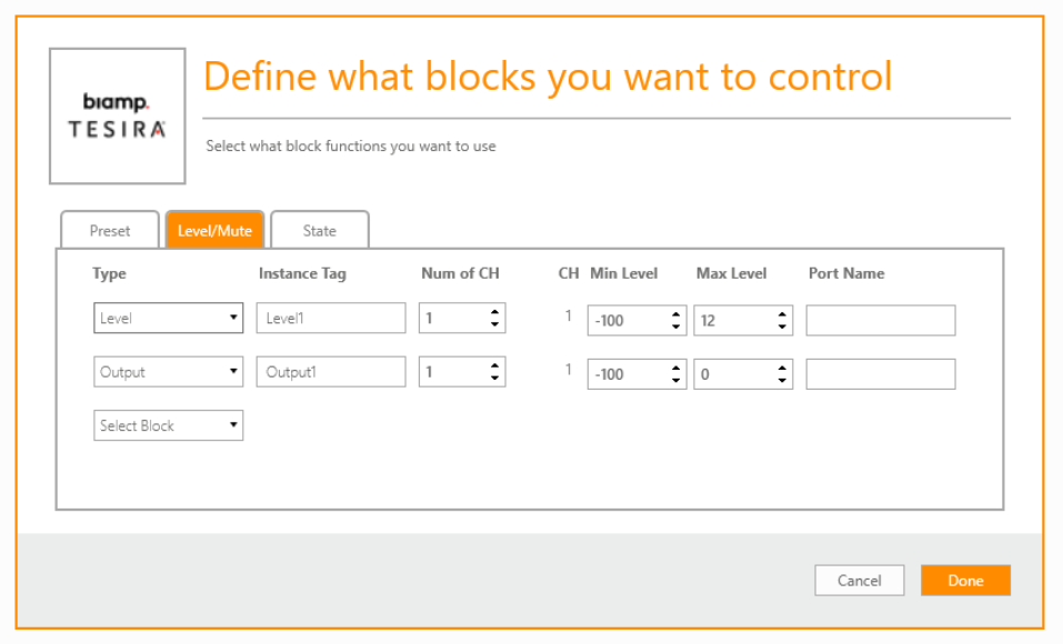 Biamp Tesira control configuration screen for defining audio blocks, letting users set level, mute, and output parameters for DSP channels.