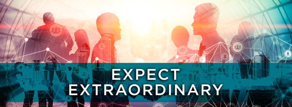 Business professionals networking overlaid with digital connection icons and bold text “Expect Extraordinary,” representing Biamp’s innovative audiovisual collaboration solutions.
