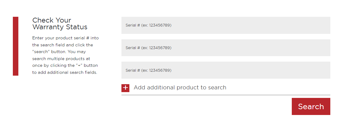Biamp warranty status lookup page screenshot showing fields to enter multiple product serial numbers and a red Search button.