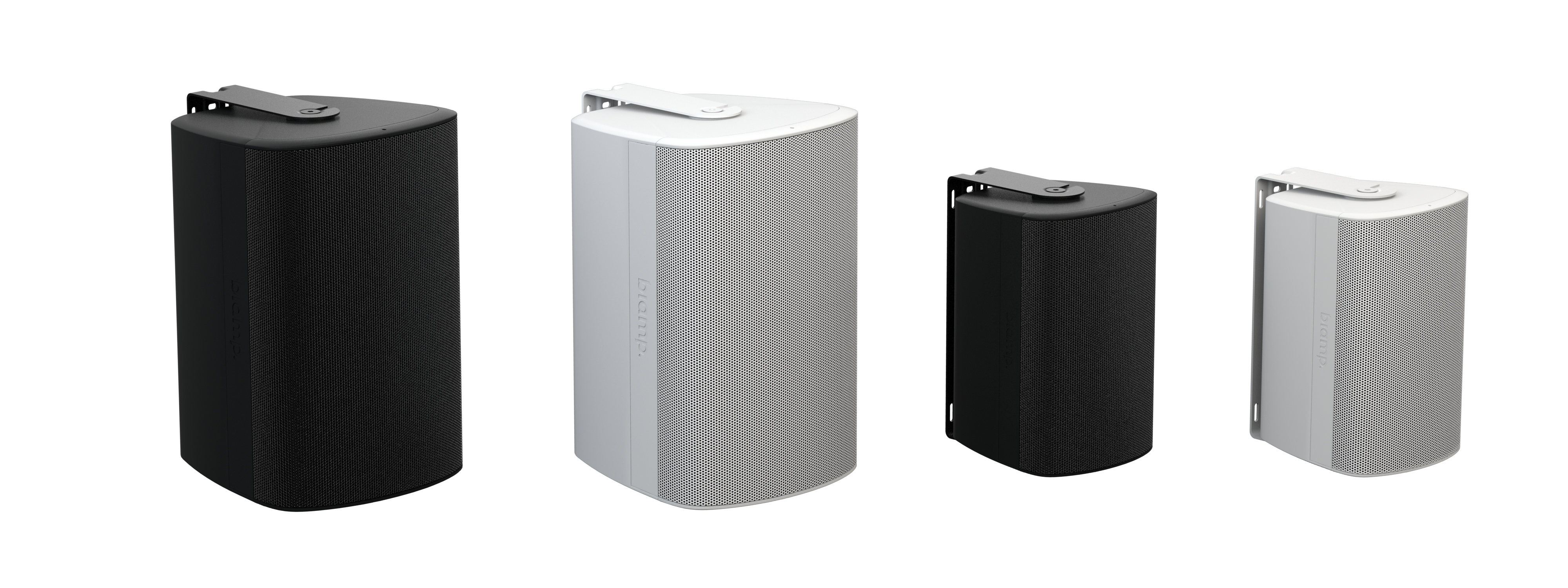 Biamp Desono column loudspeakers in black and white, shown in multiple sizes with wall brackets for premium, directional sound in public spaces.