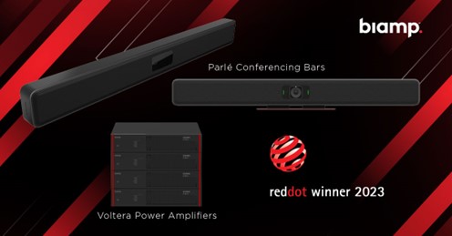 Biamp Parlé conferencing bars and Voltera power amplifiers showcased with Red Dot Winner 2023 badge for award‑winning AV product design.