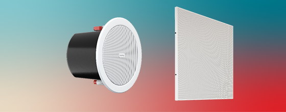Biamp low‑profile ceiling loudspeakers with round and square grille options, ideal for discreet distributed audio in commercial interiors.