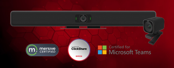 Parlé VBC 2800 bar and Vidi 250 camera with Mersive, Barco ClickShare, and Microsoft Teams certifications for seamless hybrid meetings.