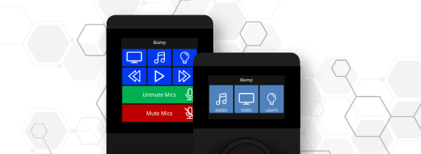 Biamp touch‑screen room controllers displaying simple icons for audio, video, lights, and microphone control in conference spaces.
